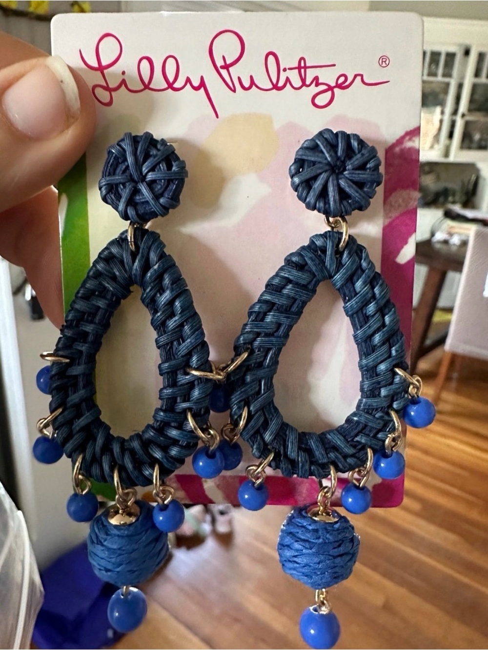 Lilly Pulitzer Navy Woven Teardrop Earrings with Blue Bead Drops